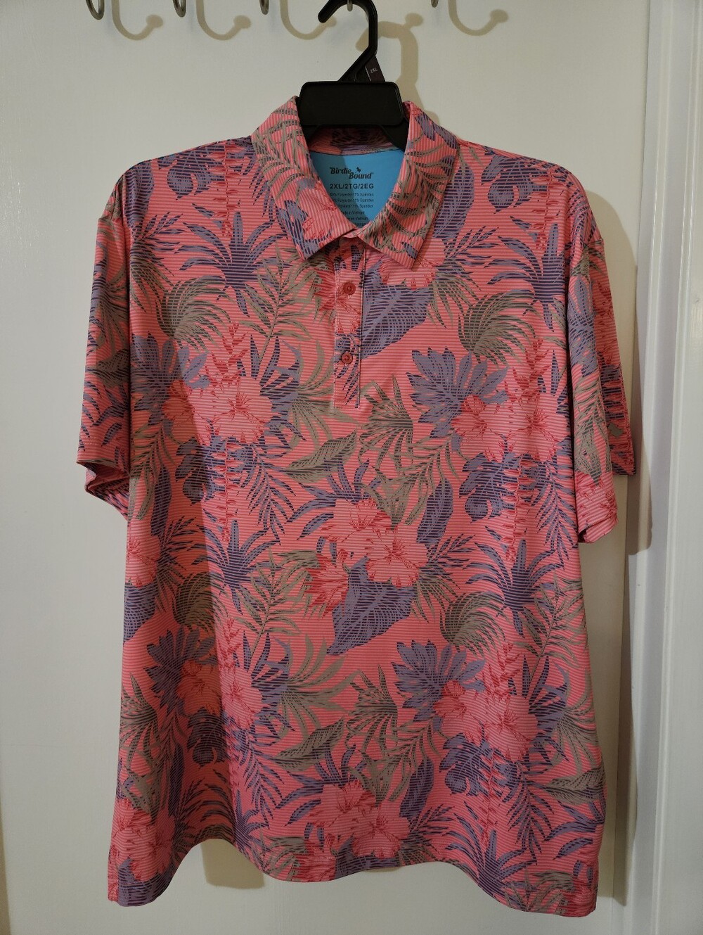 Birdie Bound Mens 2XL Golf Polo Shirt Pink Tropical Floral Stripe Stretch NWT